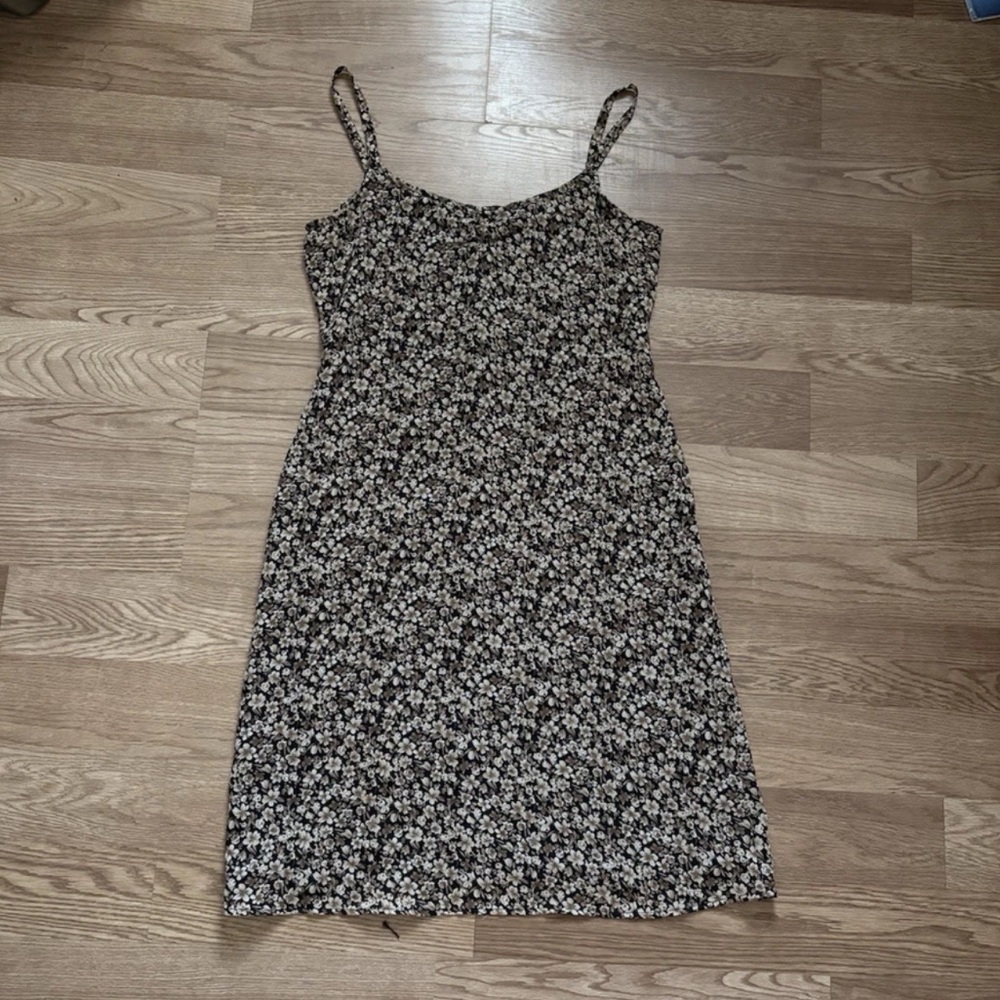 Vintage Old Navy Black Tan Floral Strappy Midi Length Shift Dress